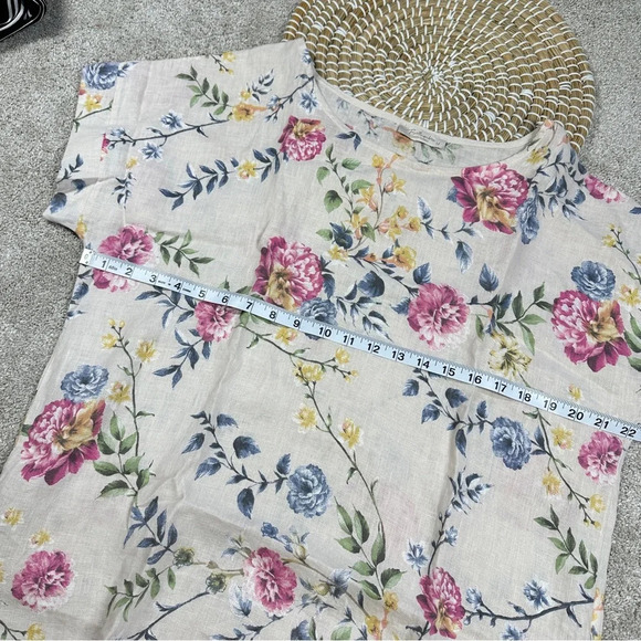 Bella Umbra 100% Linen Blouse Light Tan Floral Shortsleeve Made in Italy Size M - Picture 13 of 13